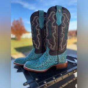 Turquoise and Brown Hand Tooled Western Boots